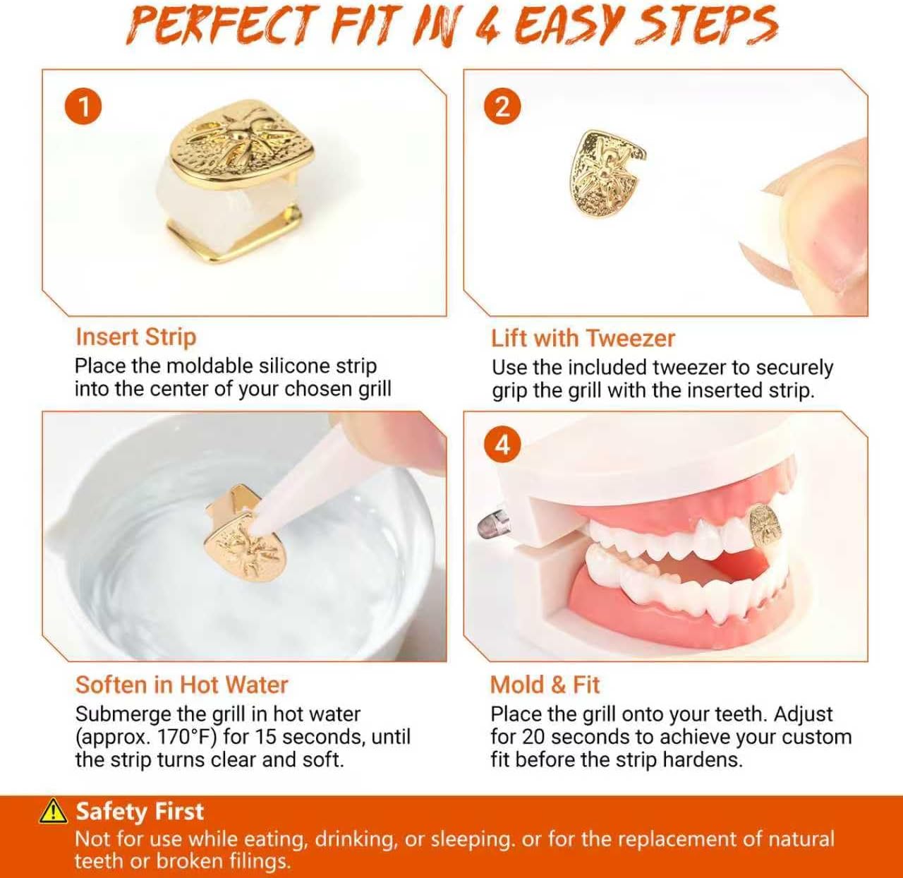 8PCS Gold Grills for Teeth, Grillz Teeth Men, Grillz for Women, Teeth Caps Reusable,Tooth Gems, Fake Grill with Molding Bars, Dental Jewelry Kit for Hip Hop Rapper Costume Accessory Halloween Party