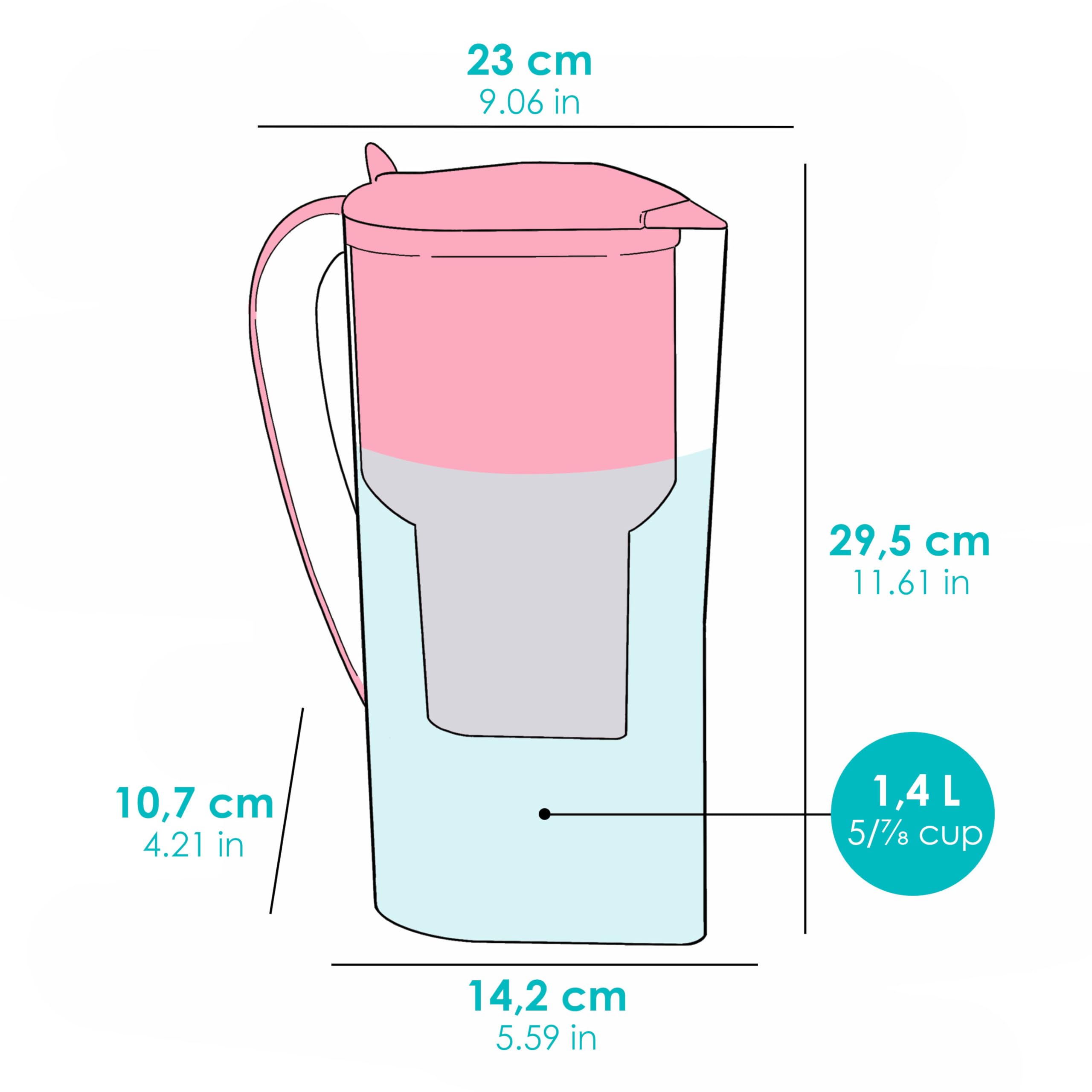 ALKANATUR Caraffa filtrante acqua Alkanatur Drops Rosa | Idrogena + ionizza + apporta magnesio | Elimina cloro + metalli + batteri | Normativa UNE 149101:2015 | Capacità 1.4L senza sostanze tossiche