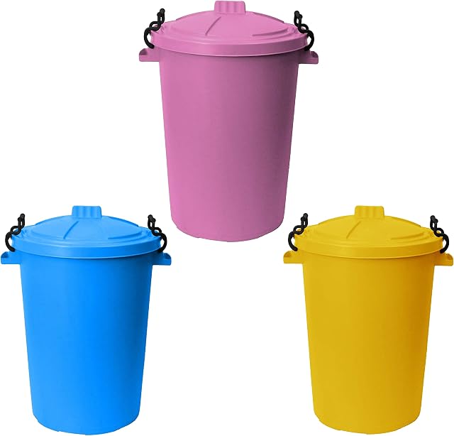 [Set of 3] 50 Litre Pink, Sky Blue & Yellow Colour Heavy Duty Plastic Bin Dustbin Storage Unit with Locking Lid for Home Garden Rubbish Waste Animal Feed