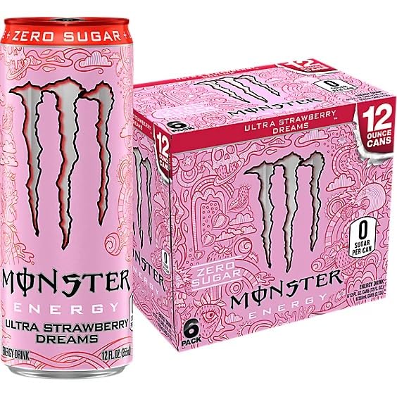 Monster Energy Ultra Strawberry Dreams, Zero Sugar Energy Drink, Each 500ml X 6 Pack, Pink Design (Product Of USA)*