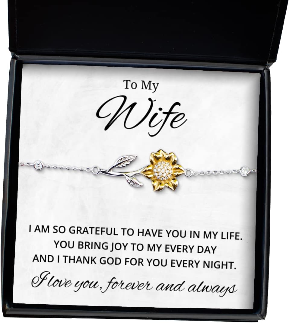 to My Wife Sunflower Bracelet, I Am So Grateful to Have You in My Life, Best Birthday Gifts, Engagement Gifts, Wedding Gifts, Valentines Day Gifts for Wife from Husband