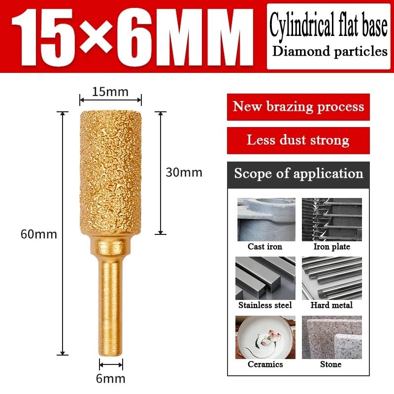 MiJunHD Diamond Brazed Grinding Head 15mm Cylinder Type,6mm Round Handle Coarse Grit Polish Burr Drill Bit for Wood Stone Carving Metal Sanding - Image 2