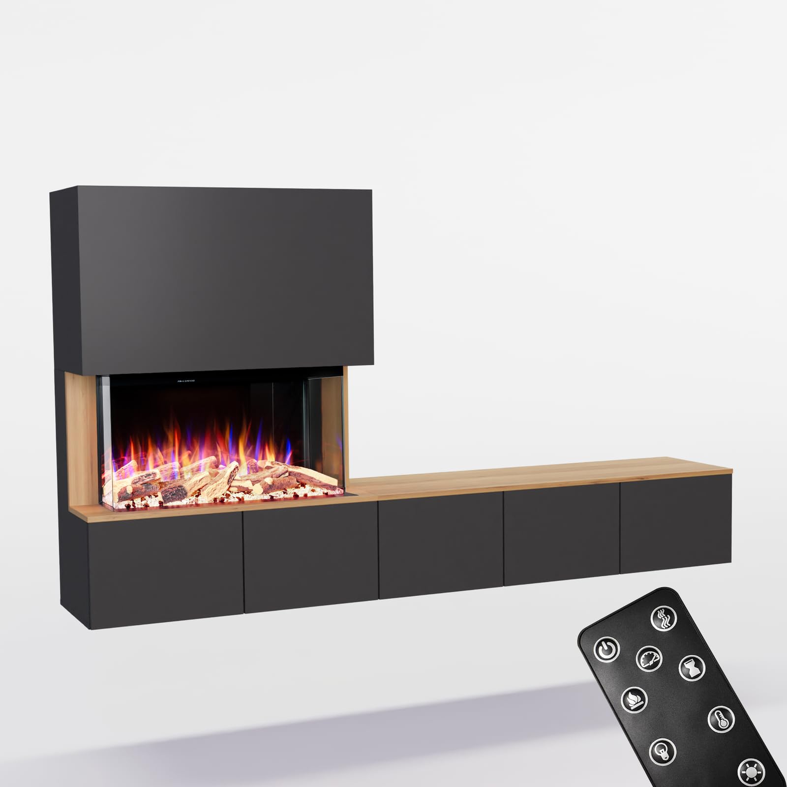 GLOW FIRE Kominek ścienny do telewizji CW5 otwarty z realistycznym ogniem LED 3D E-Motion – stojący kominek elektryczny z ogrzewaniem, kominkiem i timerem, maks. 1500 W, 250 x 139,5 x 42,4 cm, czarny