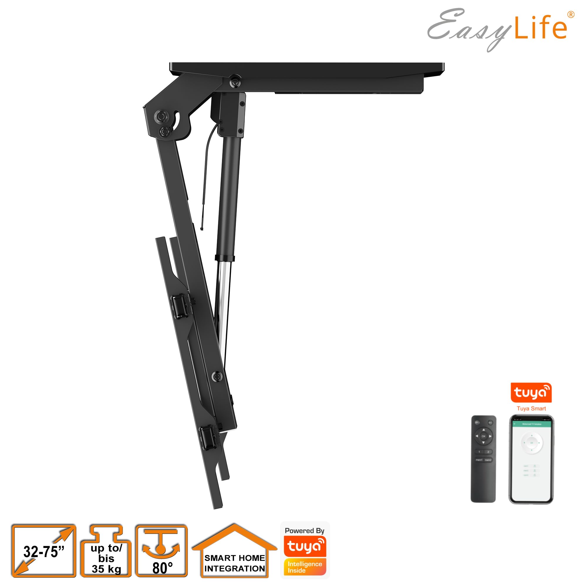 EasyLife - Uchwyt sufitowy do telewizora V2 Smart Home, elektrycznie wychylny, integracja Smart Home, od 37 do 75 cali, uchwyt VESA do 600 x 400 cm, do telewizorów LCD/OLED, monitora, wyświetlacza