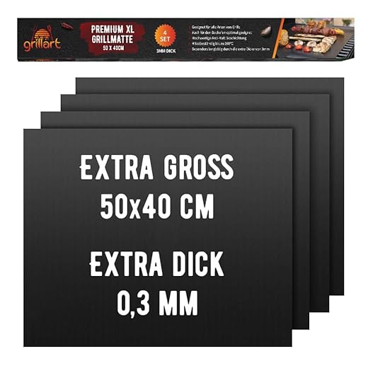 grillart® 4 Set Premium BBQ Grillmatte – Hochwertige Grillmatten für Gasgrill mit Anti-Haft Beschichtung – auch als Backmatte geeignet – Extra Groß und Dick Daher besonders stabil und langlebig