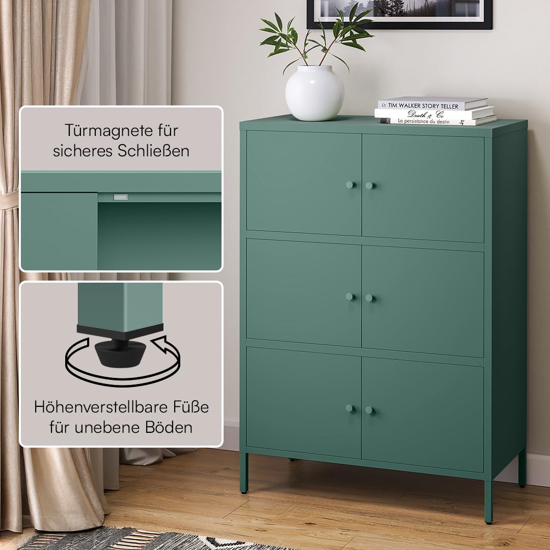 skølm Atriona Metall Kommode – Sideboard mit 3 Fächern & 6 Türen – Metallschrank in Dunkelgrün – Mehrzweckschrank – Highboard 80 cm breit – höhenverstellbare Füße – Aufbewahrungsschrank – Flurschrank