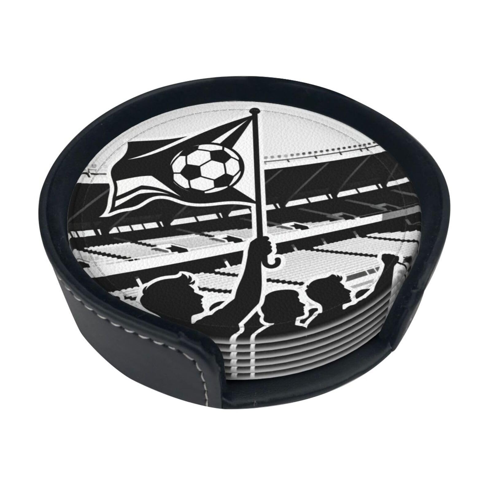 Cntdbu White Fan Flag Wave Leather Coasters Set Of 6-Pu Leather Drink Mats For Table, Heat Resistant Round Coasters With Holder
