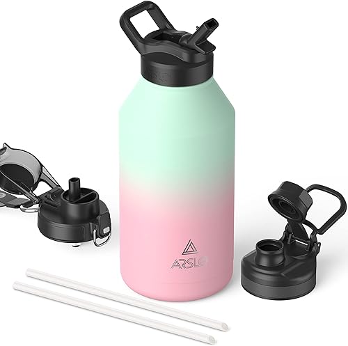 Arslo Botella de agua para hombre de 64 onzas con aislamiento de acero inoxidable con popote