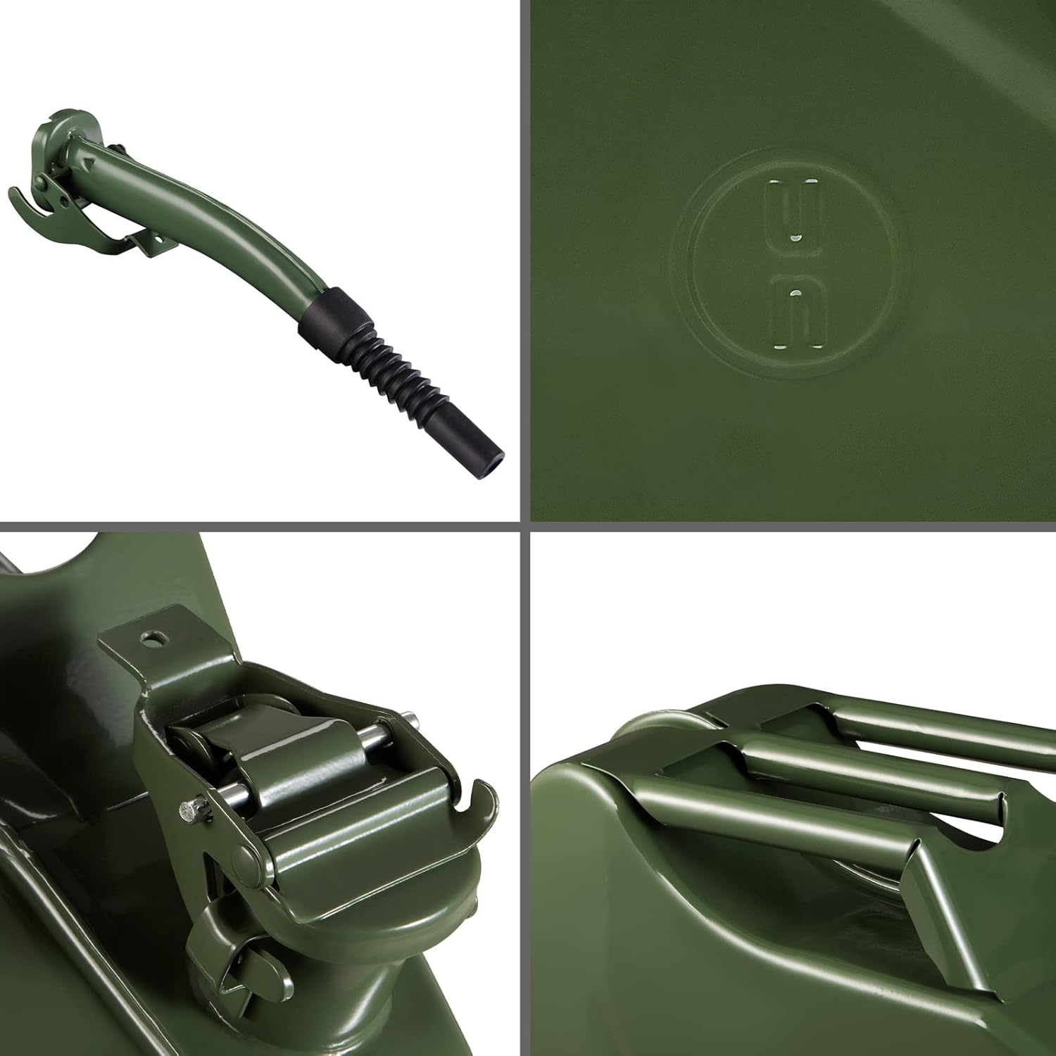 Four panel image showing the pouring spout, UN approval stamp, bayonet closure, and handle of the jerry can