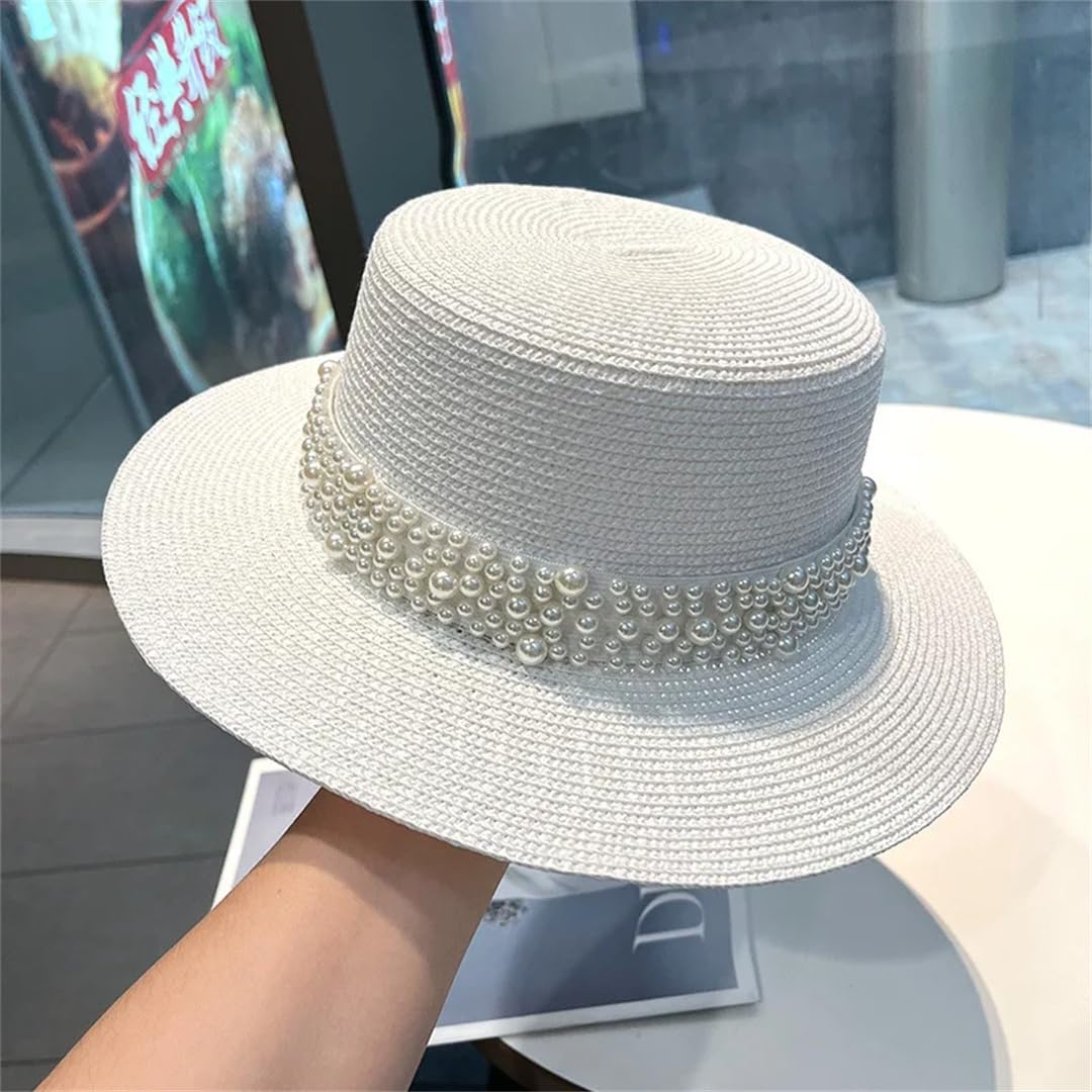 Yeuyyben Cappello da donna alla moda da spiaggia, cappello piatto in paglia, decorazione estiva per protezione solare