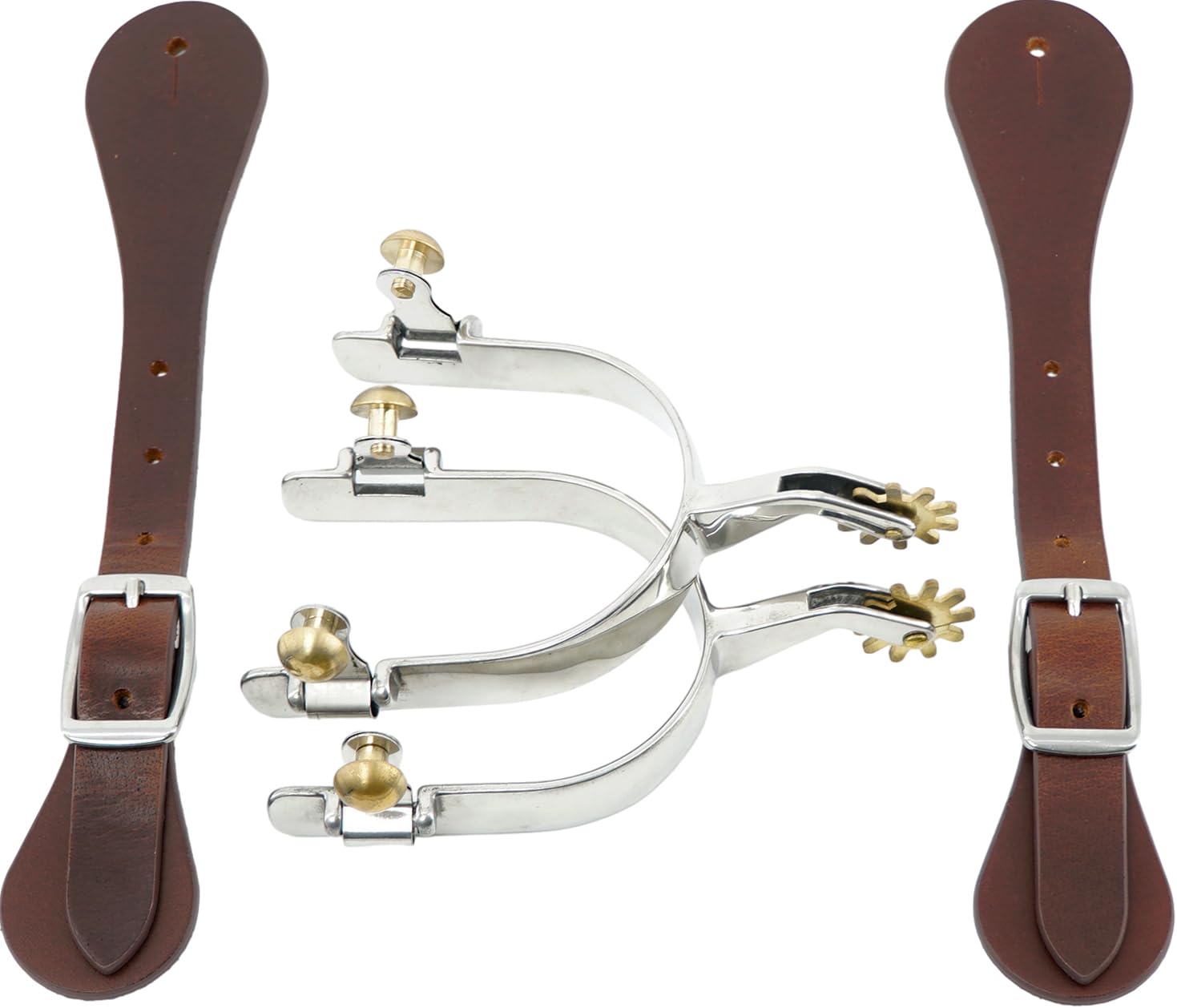 Jeereal Western-Sporen aus Edelstahl mit Sporenriemen, Messing-Riemen und Knöpfen, 1,9 cm Band und 4,5 cm Schaft