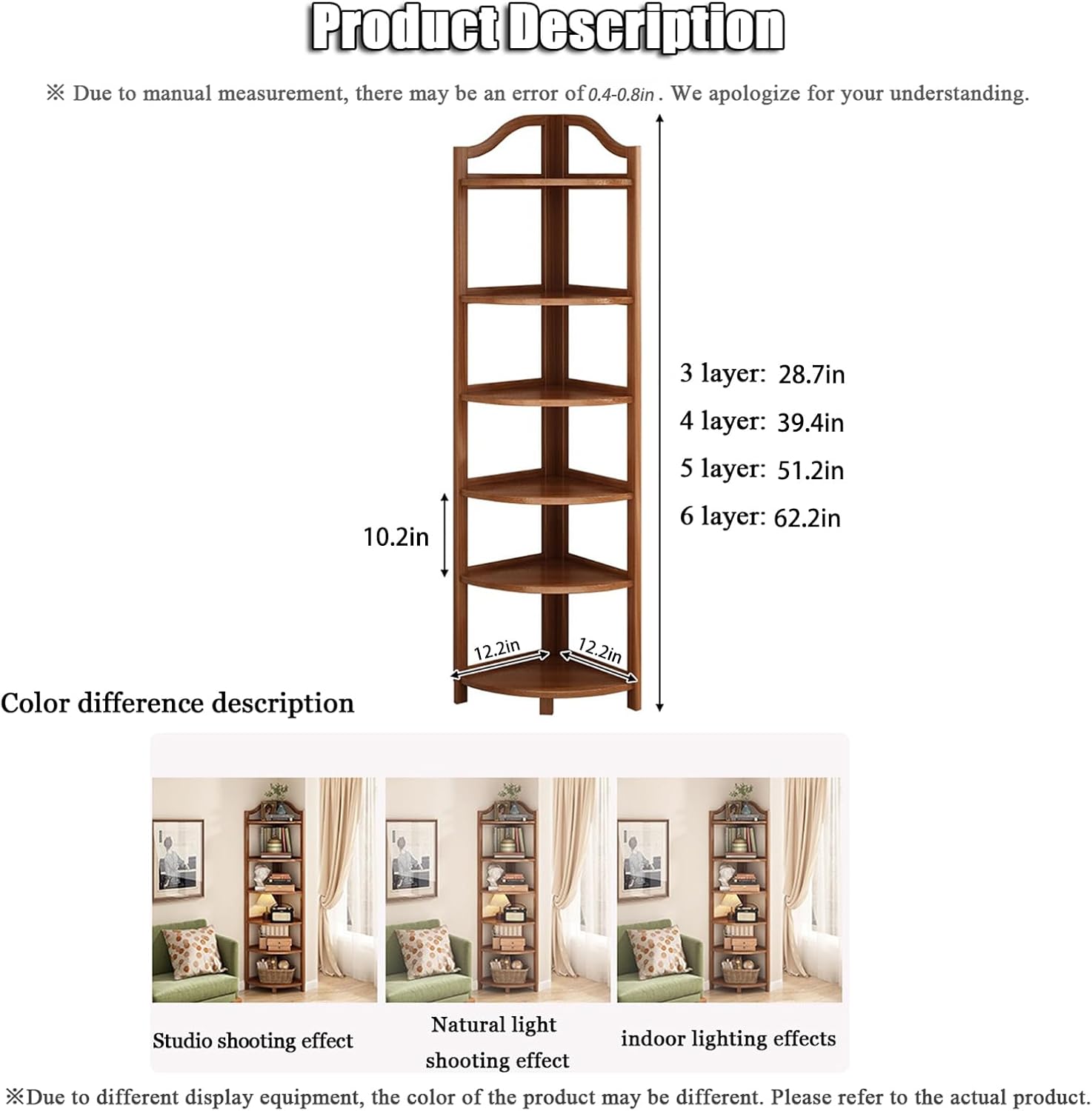 Corner Shelf, Bamboo Open Storage Book Shelves, Corner Stand, Industrial Corner Display Rack, 28.7-62.2 Inch Tall Corner Bookshelf, Storage Standing Shelf for Living Room Kitchen Bedroom