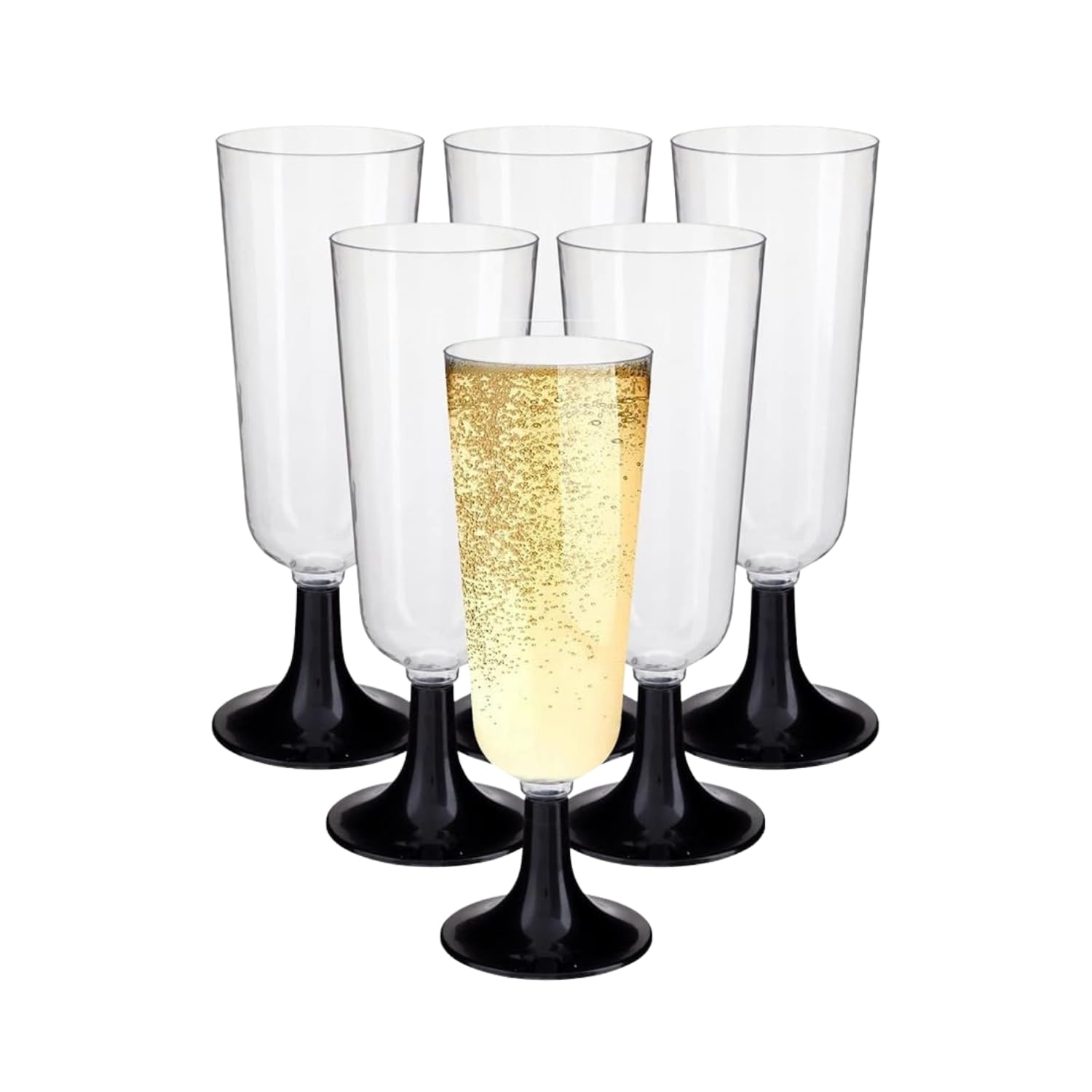 HOMESHOPA 6 Pack Plastic Champagne Flutes, Clear Wine Glasses Black Base, Unbreakable Reusable Cocktail Prosecco Glasses for Weddings Birthdays Christmas BBQ & Garden Parties