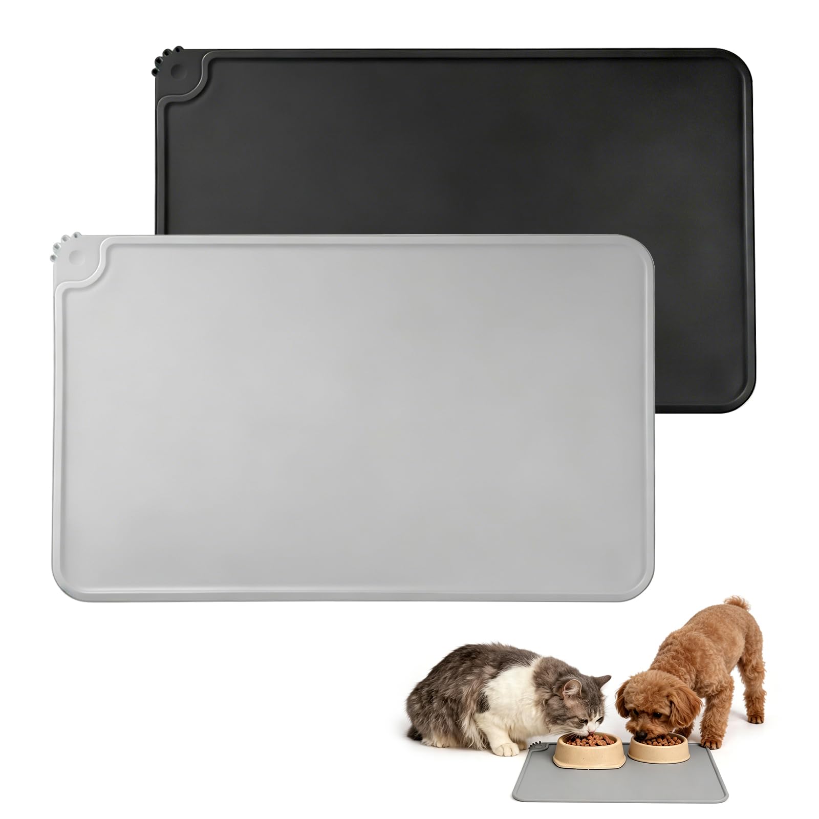 2 Pcs Cat and Dog Food Mat – Waterproof Silicone Pet Feeding Mat with Raised Edge, Non-Slip Bowl Mat for Floors, Wipe Clean Mat for Food and Water Bowls (Black and Grey, 48x30cm)