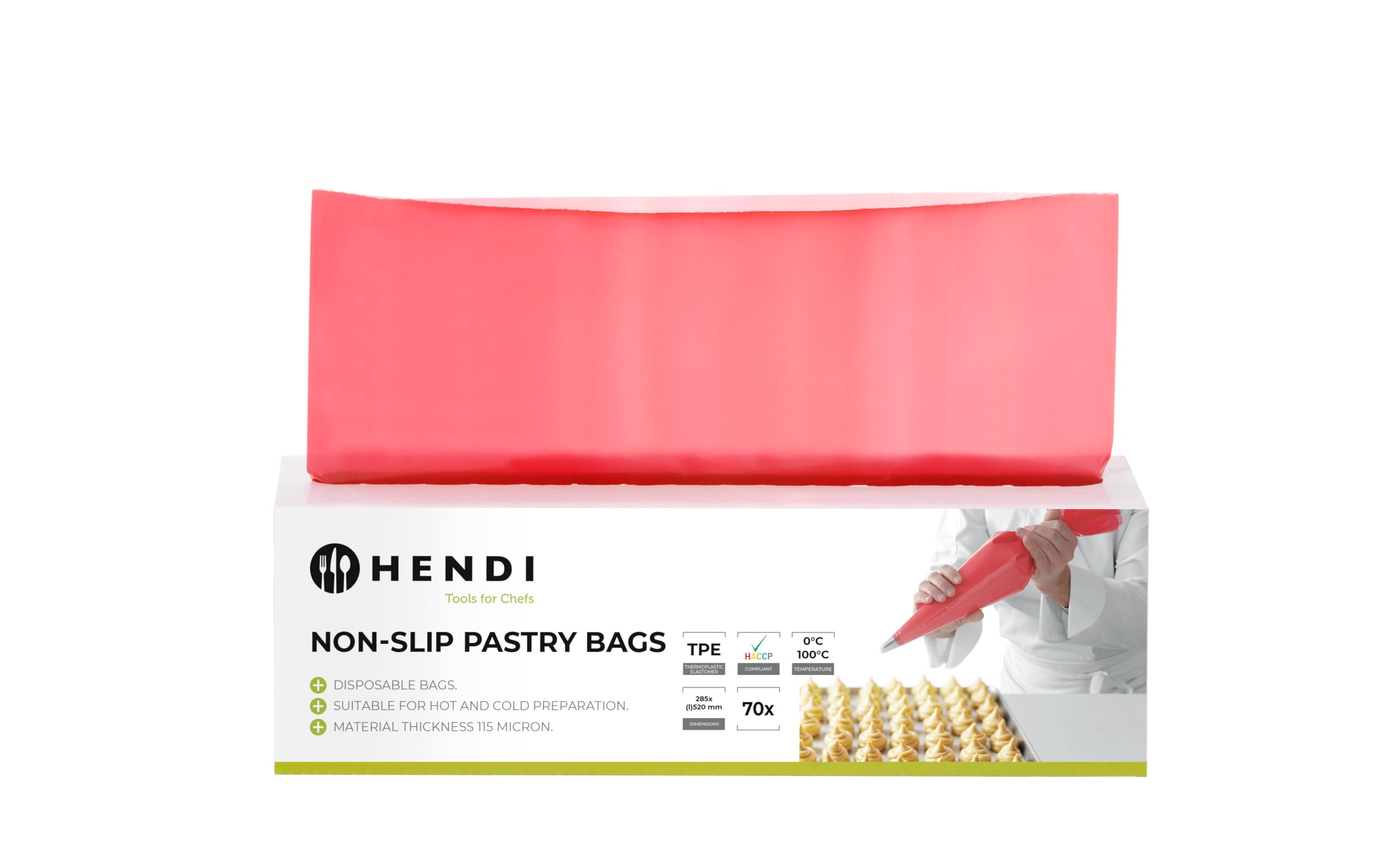 HENDI Manga pastelera desechable antideslizante, rollo de 70 unidades, apta para rellenos fríos y calientes (hasta 100°C), 520x280mm, sin BPA, cumple con normas HACCP, rojo