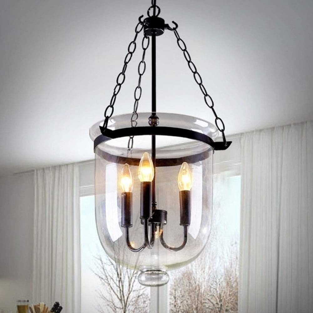 BLOOHK French Country Bell Jar Pendant Light, 3-Light Antique Black Lantern Chandelier, Traditional Clear Glass Hanging Lamp for Foyer, Entryway, Hallway Decor