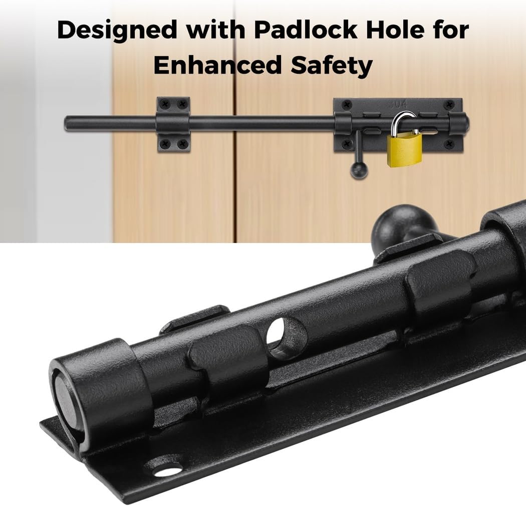 2-Pack Heavy-Duty 304 Stainless Steel Slide Bolt Latches, Matte Black Barrel Lock with Padlock Hole for Gates, Fences, Barns