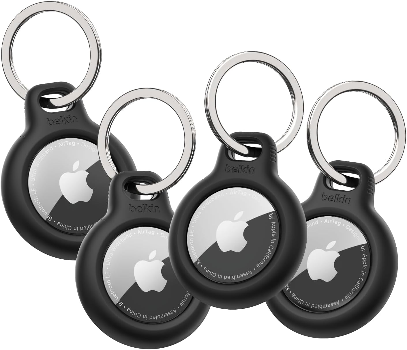 Belkin Apple AirTag Secure Holder with Key Ring - Durable Scratch Resistant Case with Open Face & Raised Edges - Protective AirTag Keychain Accessory for Keys, Pets, Luggage, Backpacks - 4-Pack Black