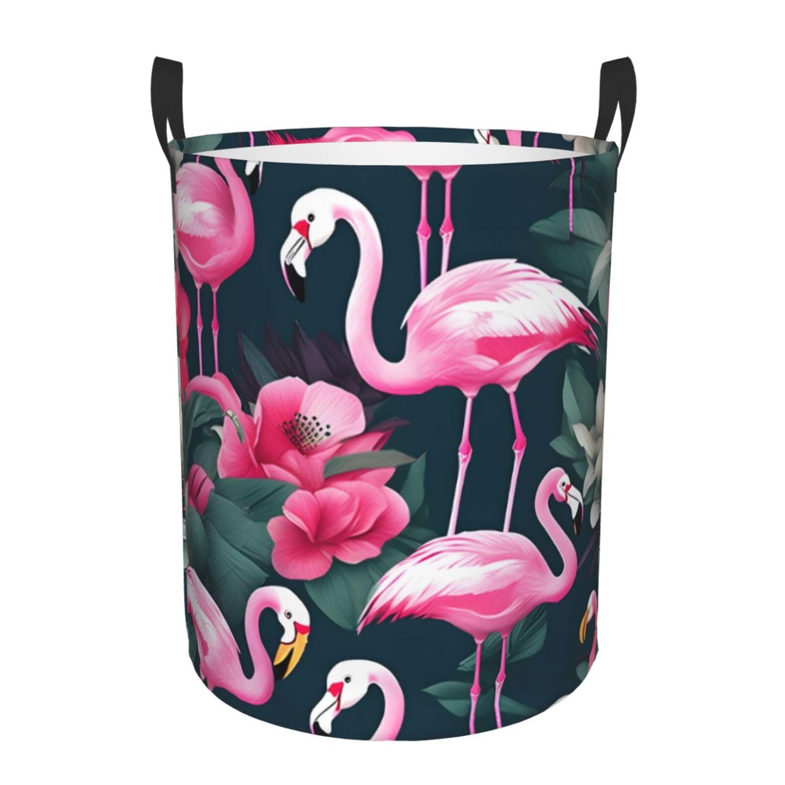 S Collapsible Round Flamingo Floral Printed Print Laundry Hamper
