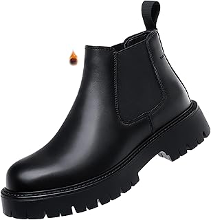 Men's Genuine Leather Chunky Platform Chelsea Dress Boots Luxury Round Toe lug sole Slip-On Outdoor Non Slip Shock Work Ankle Boots