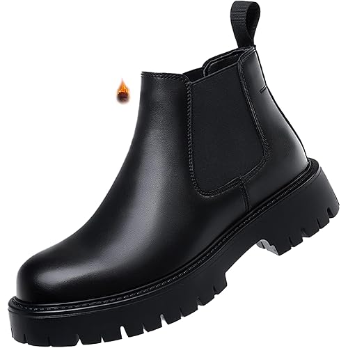 Men's Genuine Leather Chunky Platform Chelsea Dress Boots Luxury Round Toe lug sole Slip-On Outdoor Non Slip Shock Work Ankle Boots