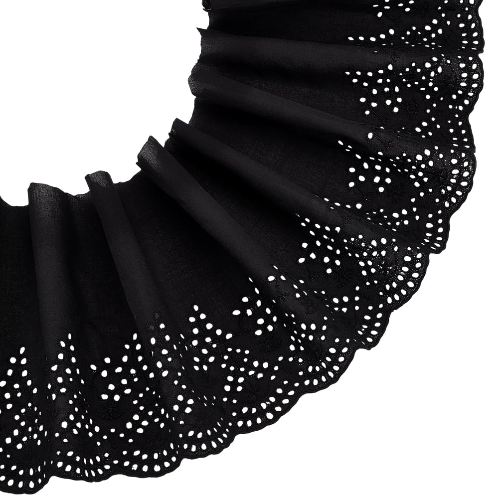 MAYJOYDIY 4,6 m × 20,5 cm, ribete de encaje de algodón con ojales, borde ondulado, borde negro, cinta de encaje floral con volantes florales para coser vestidos, ropa, bolsos, regalo