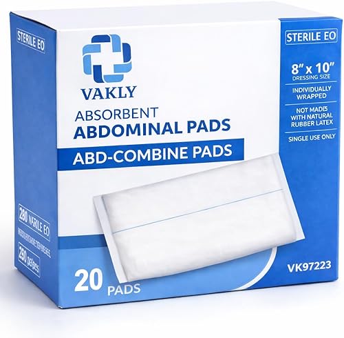 Vakly ABD Pads 8" x 10" estériles (paquete de 20) – Almohadillas de gasa de combinación abdominal, apósitos no adherentes de alta absorción,