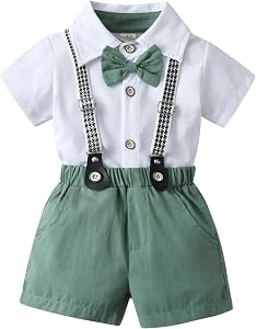 Baby Boy Formal Summer Short Outfit Set Toddler Gentleman Kid Short Sleeve Bowtie Shirt Suspender Shorts Suit