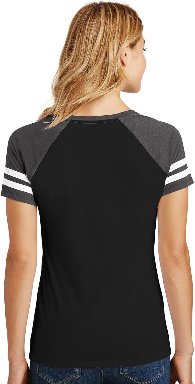 Embroidered Breast Cancer Awareness Ribbon Patch Ladies V-Neck Game Tee Shirt
