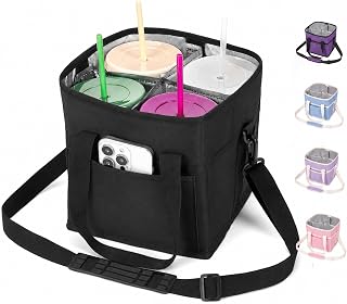 4 Water Bottle Holder with Strap, Family Size 4 Compartment Drink Carry Bag,Reusable Insulated Carrier Caddy with Adjustable Dividers for Sports, Car, Hiking and Outdoors