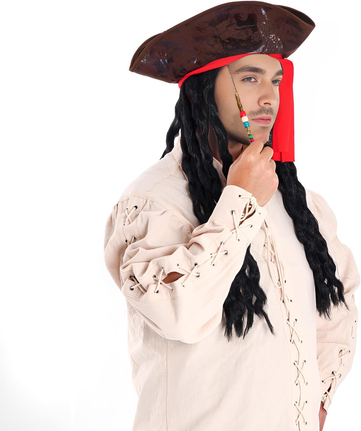 Yolyoo Pirate Hat with Dreadlocks Faux Leather Tricorn Pirate Hat Pirate Captain Hat Costume Accessories Eye Patch Earring for Halloween Cosplay Party - Image 8