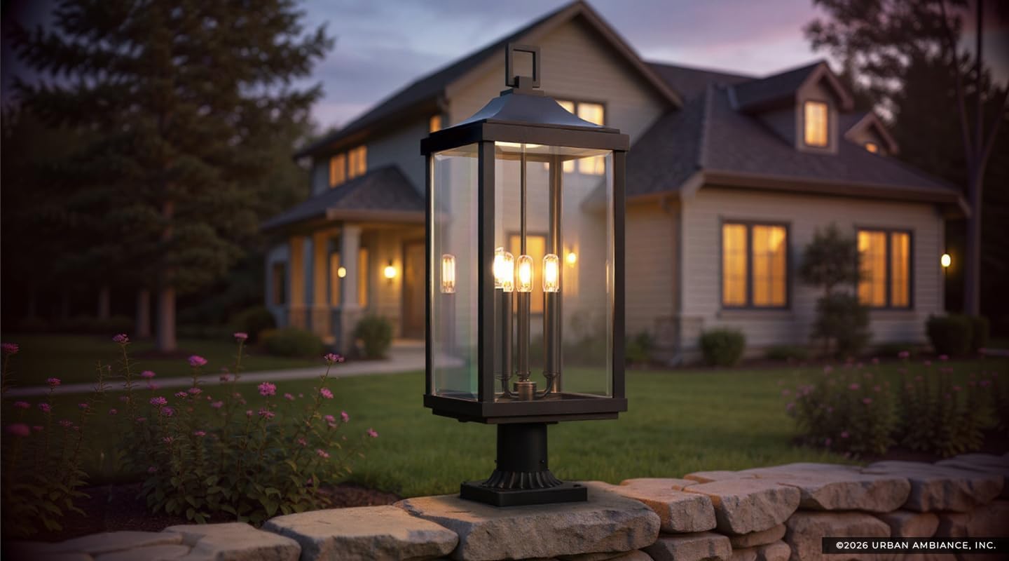 Urban Ambiance Luxury Farmhouse Post Light, Large Size: 26.875''H x 9.5''W, with Modern Farmhouse Style Elements, Midnight Black Finish, UHP1400, Calderdale Collection