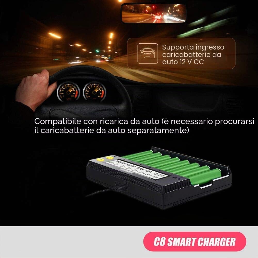 Caricabatteria 18650, Caricabatterie MiBOXER 8 Baie con Display LCD Automatico, Ricarica Rapida LiFePO4 Ni-MH Ni-CD AA AAA C 21700 26650 13650 16340 18350 18700 RCR123