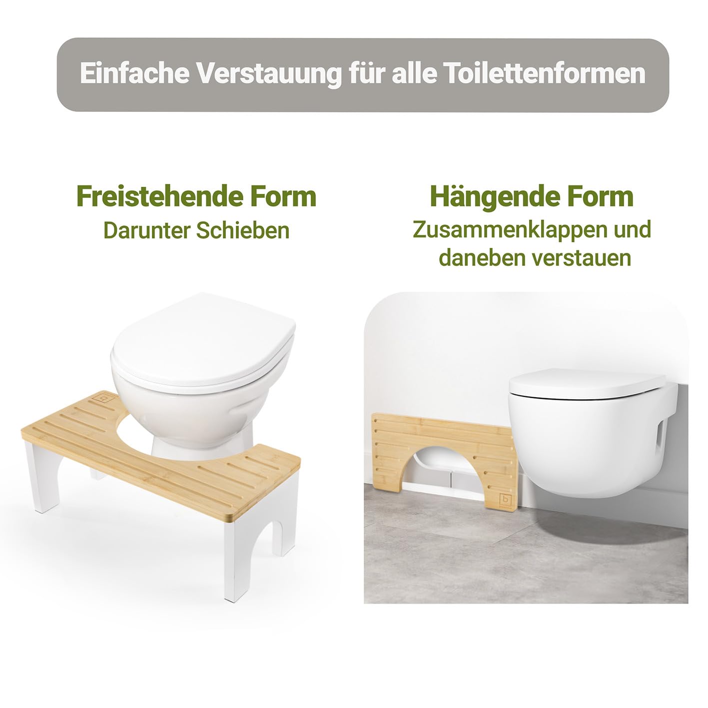 BENKSTEIN Toilettenhocker Erwachsene - Holz - Klohocker - Toilette Bambus - Tritthocker - klappbar - WC Hocker