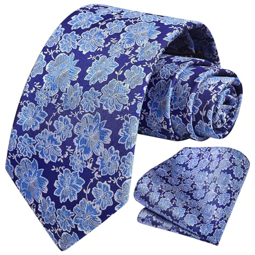 Image of HISDERN Extra Long Ties for Men Classic Floral Tie and Pocket Square Elegant Silk Necktie Handkerchief Set Wedding Party