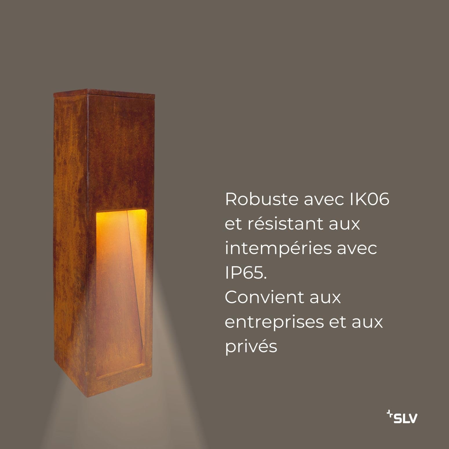 SLV RUSTY SLOT 50 lampe sur pied extérieure E27 acier rouillé FeCSi IP44 L12xP12xH50cm – éclairage décoratif indirect pour jardin, terrasse, allées – style unique, ampoule non incluse
