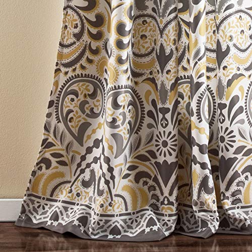 Lush Decor Clara Curtains Paisley Damask Print Bohemian Style Room Darkening Window Panel Set For Living, Dining, Bedroom (Pair), 52" W X 84" L, Gray & Yellow #TOP4