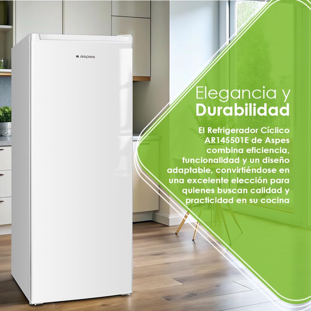 Aspes Frigorífico Refrigerador Blanco AR145501E. Capacidad 242 Litros, Puerta Reversible, Bajo Nivel Sonoro, Eficiencia Energética Clase E