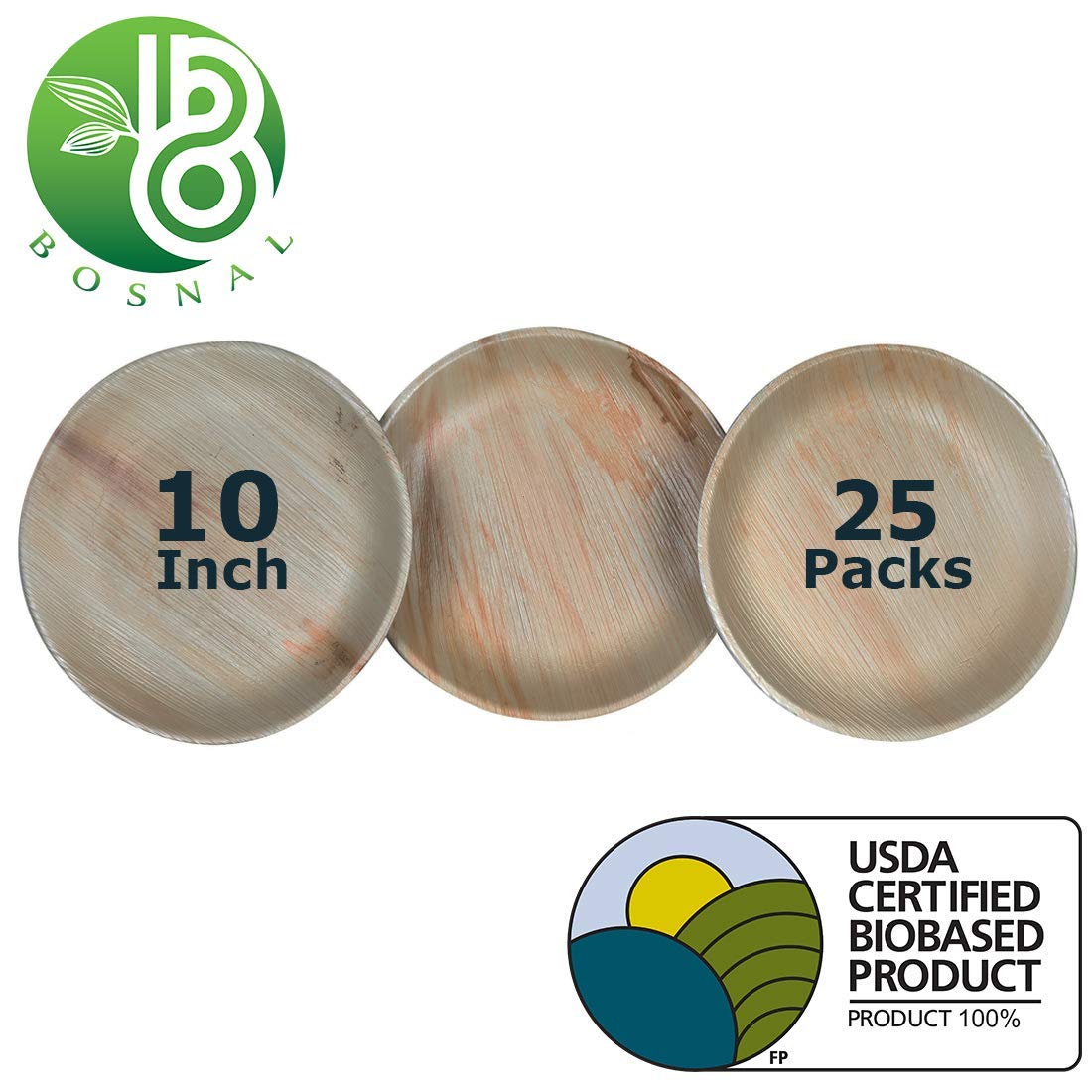 BOSNAL - Palm Leaf Biodegradable Plates, 10 inch, Round, 25 pcs, Compostable, Bamboo and Wood Style, Stackable, Restaurant Grade, Earth Friendly, Alternative to Paper Plates