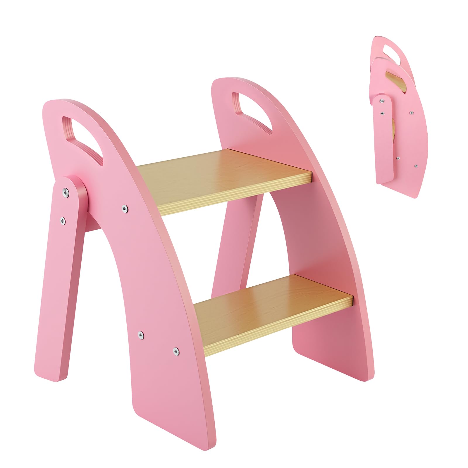 Sgabello per bambini a 2 gradini, pieghevole, in legno, con maniglia, portata fino a 135 kg, per bagno, lavandino, cucina, camera da letto, rosa