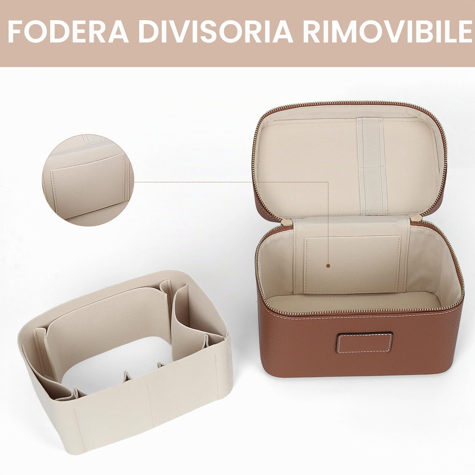 HiTotes, trousse per trucchi, borsa da viaggio in pelle per articoli da toeletta, organizer per trucchi con divisore rimovibile per uso quotidiano, 02-marrone, 21.5cm