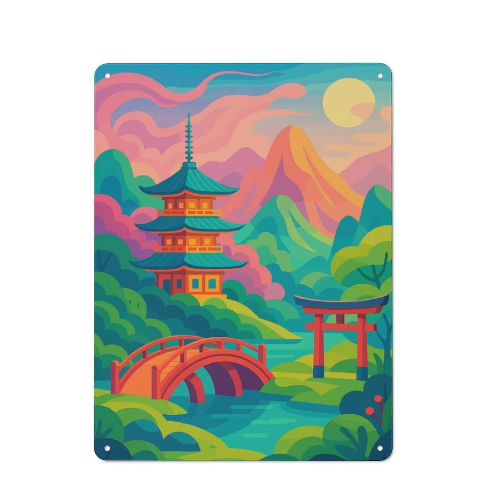 Junmoney Japanese Landscape With Pagoda And Torii Metal Plaque 40X30cm With For Home Bar Wall, Retro Decor, For Garage, Workshop And Man Cave Decoration