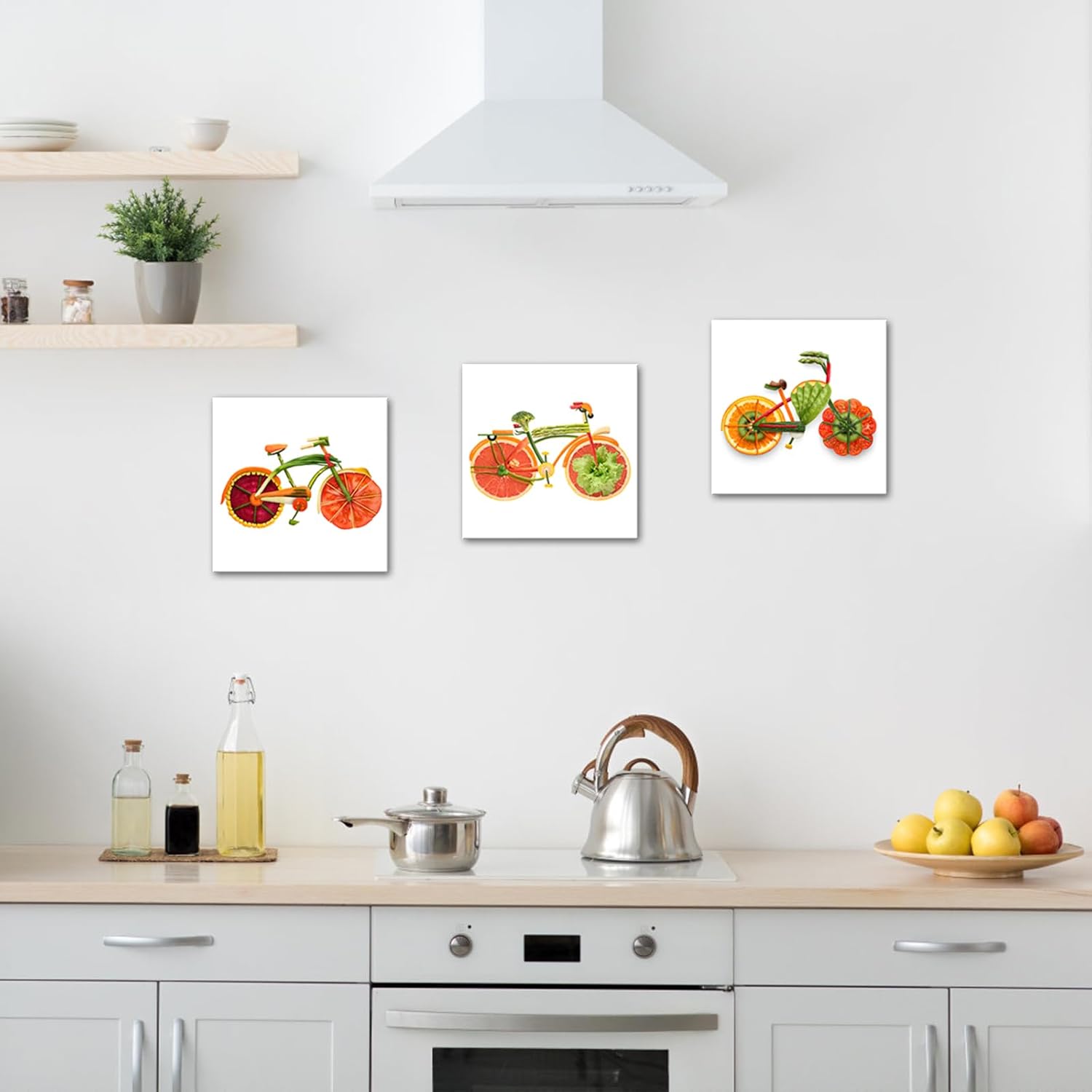PoGoXiPoYo 3 Panel Kitchen Canvas Wall Art Creative Funny Colorful Vegetable Fruit Bicycle Bike Pictures Wall Decor Food Wall Painting for Dining Room Restaurant Living Room Home 12x12inchx3pcs
