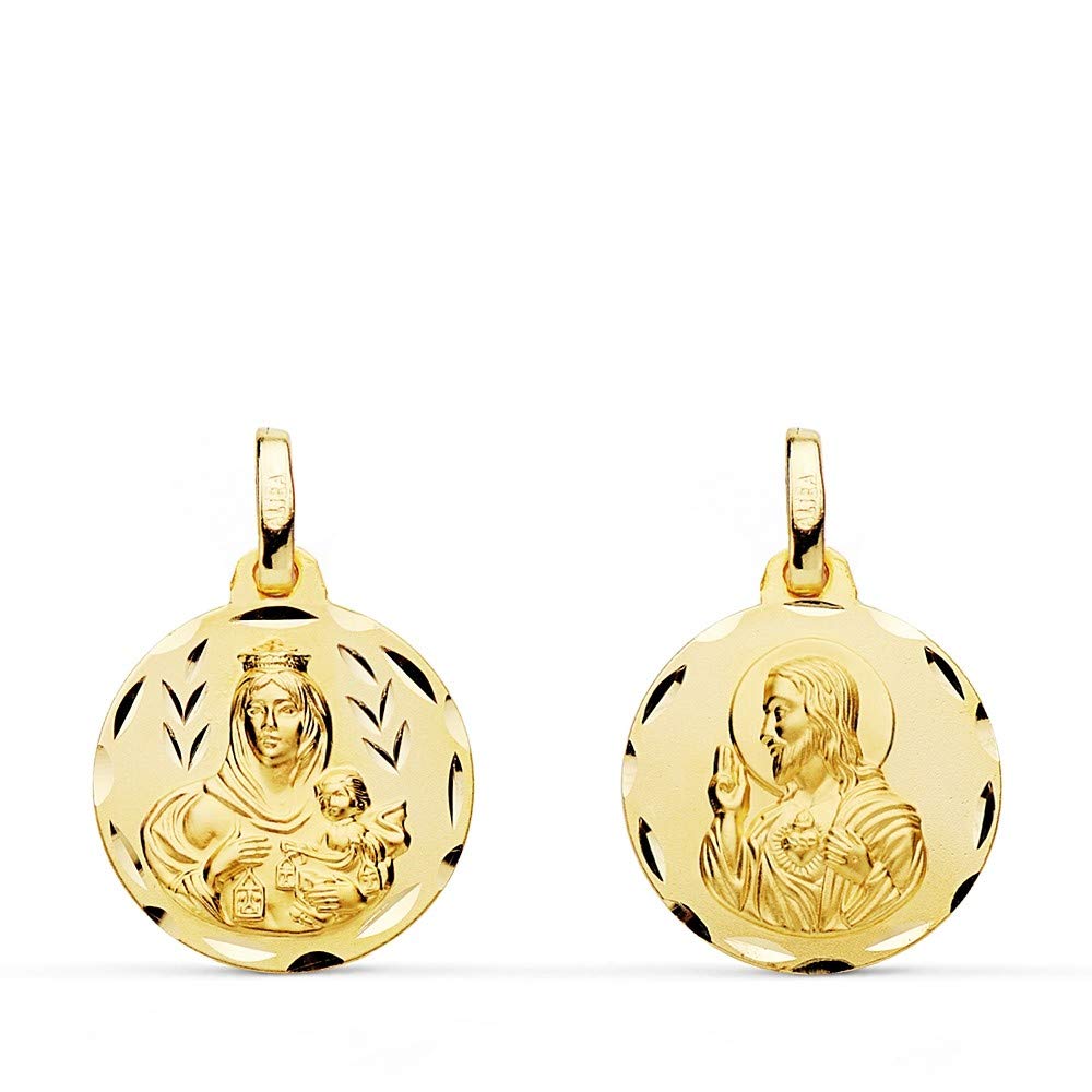 18K Gold Medal 16mm Scapular Pendant. Virgen Del Carmen Heart Of Jesús Tallada Unisex