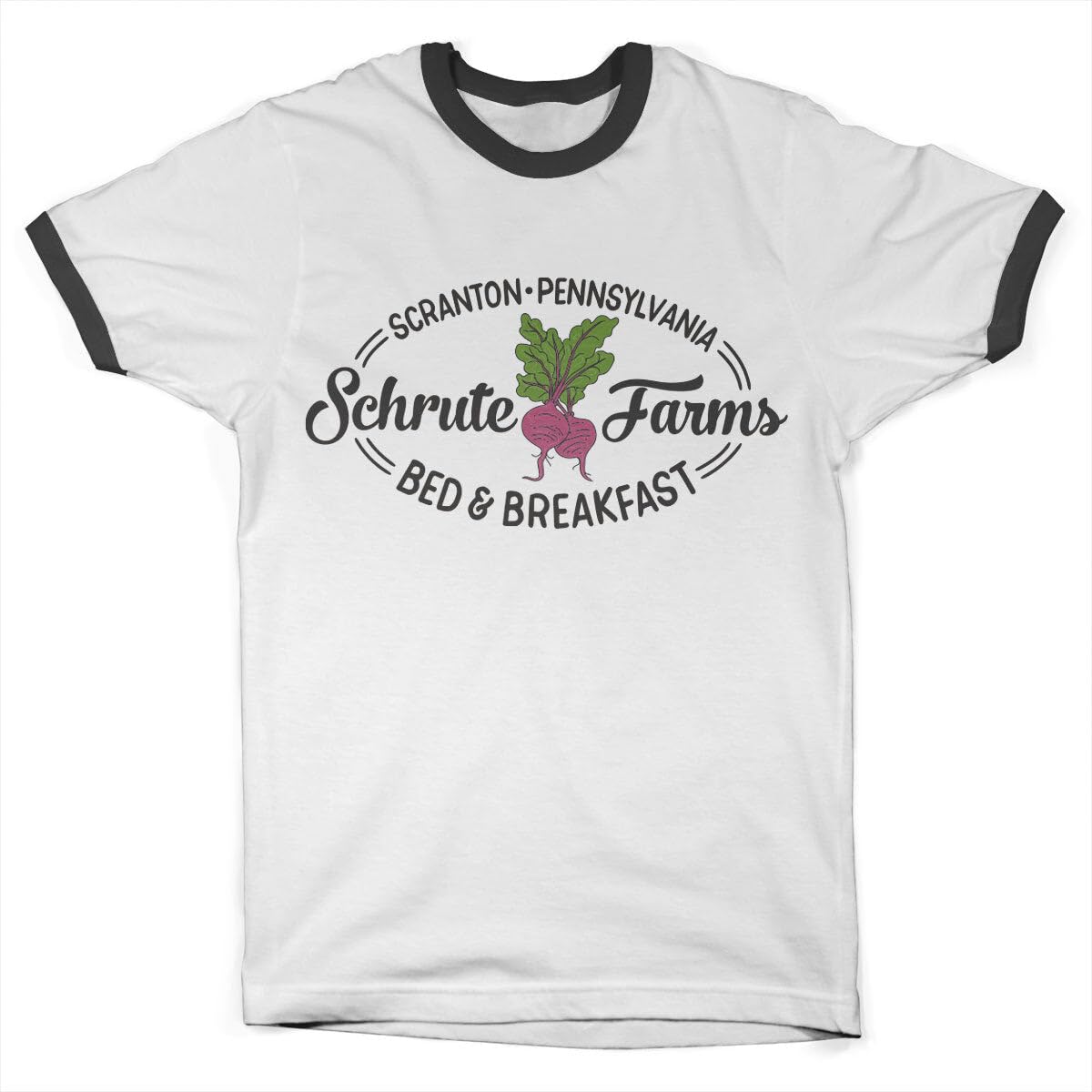 The Office Unisex White-Black Officially Licensed Schrute Farms - Bed & Breakfast Ringer Mens T-Shirt (White-Black), Small
