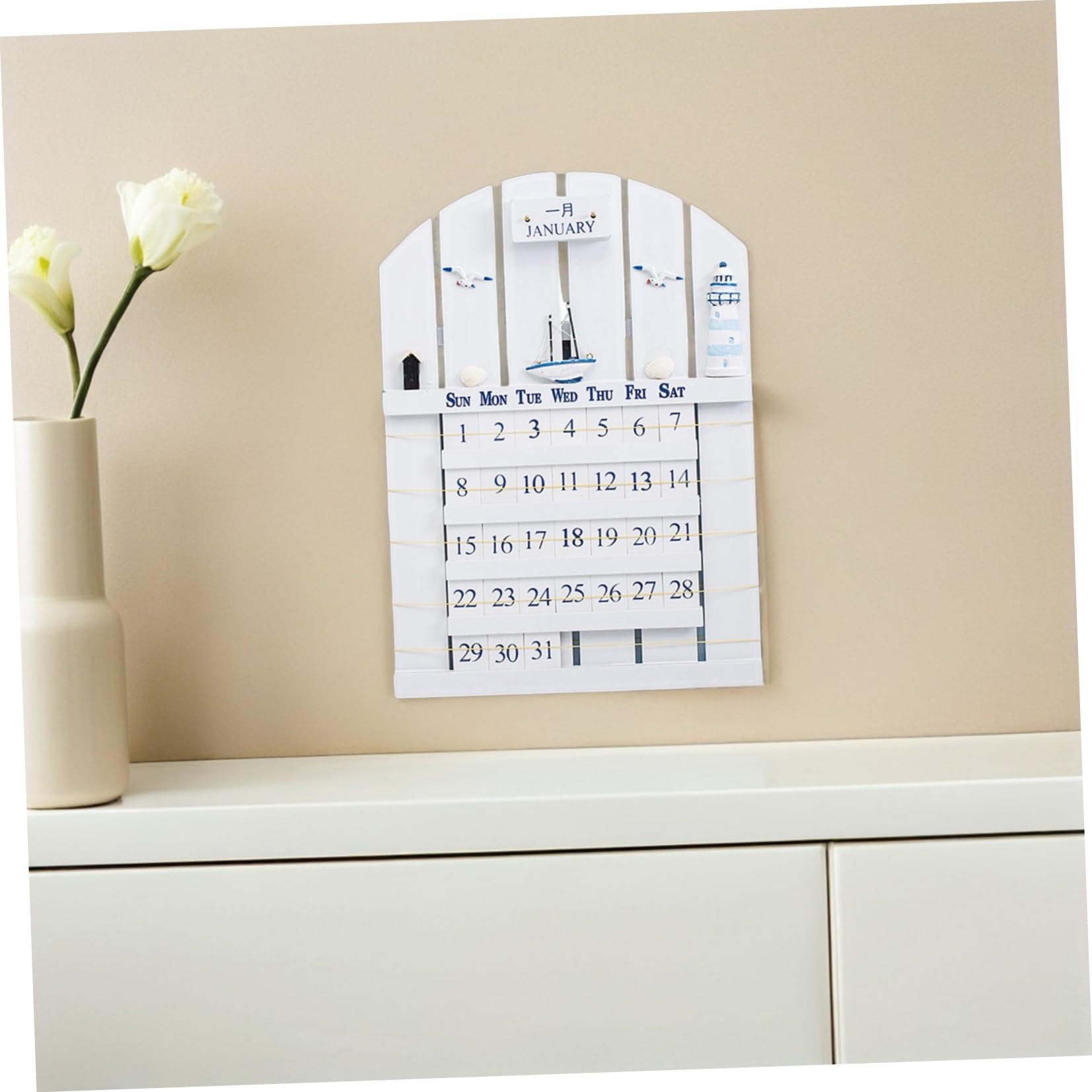 PACKOVE Ewiger Kalender Kreativer Starker und Einfach zu Ändernder Wandkalender aus Mdf Holz im Mediterranen Stil in Weiß für Büro und Studium