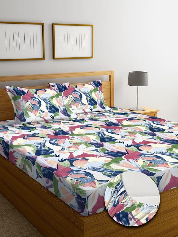 NEW LEAF Premium Cotton Flat Double Bedsheets with 2 King Size Pillow Covers | Double Bed Breathable | Wrinklefree | Ultrasoft 220 tc Supersoft Floral | 90×90 Inches, Green & White