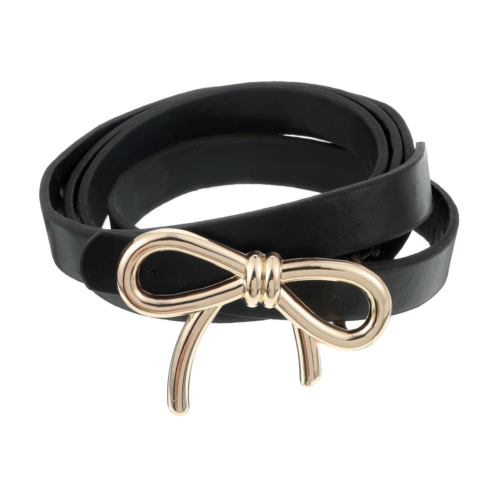 1 Pc Bow Skinny Belt For Women Thin Black Belts Women Pu Leather With Gold Bow Knot Adjustable