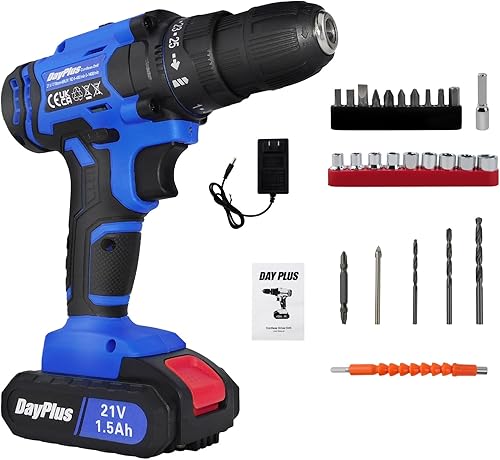 Taladro inalámbrico de 21 V, ajuste de par de 25+1, luz LED, 2 velocidades variables, con batería de 1500 mAh y cargador, herramienta de bricolaje,