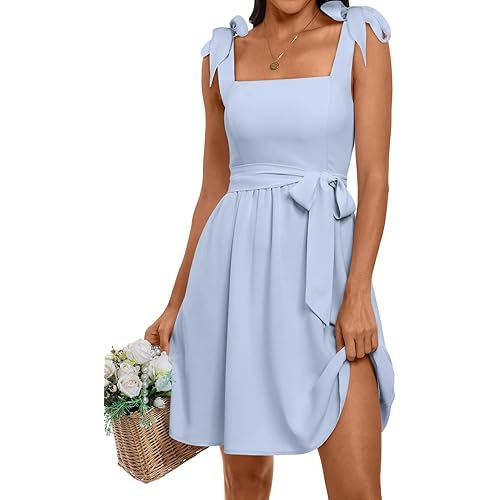 ANRABESS Women's Summer Tie Strap Mini Dress Square Neck Smocked Sleeveless A Line Swing Elegant Cute Short Dresses
